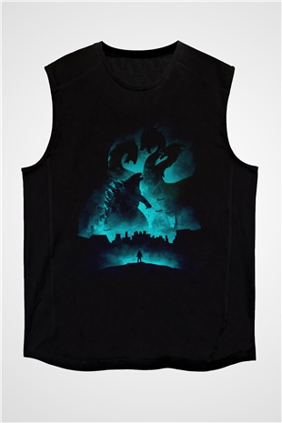 Unisex Godzilla II Canavarlar Kralı (Godzilla King of the Monsters) Baskılı Siyah Kolsuz T-shirt