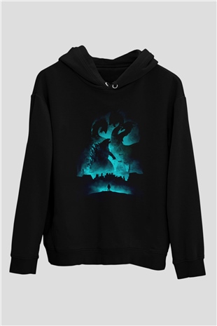 Unisex Godzilla II Canavarlar Kralı (Godzilla King of the Monsters) Baskılı Siyah Kapüşonlu Sweatshirt