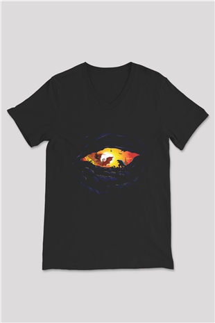 Unisex Godzilla II Canavarlar Kralı (Godzilla King of the Monsters) Baskılı Siyah V Yaka Tişört