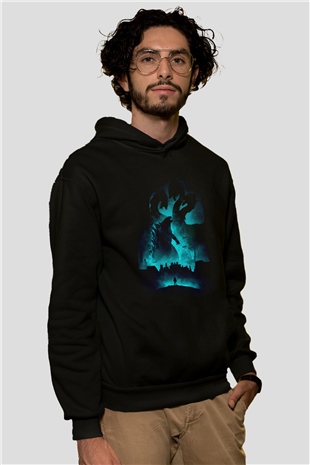 Unisex Godzilla II Canavarlar Kralı (Godzilla King of the Monsters) Baskılı Siyah Kapüşonlu Sweatshirt