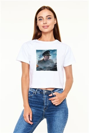 Unisex Greyhound Baskılı Beyaz Crop Top T-shirt