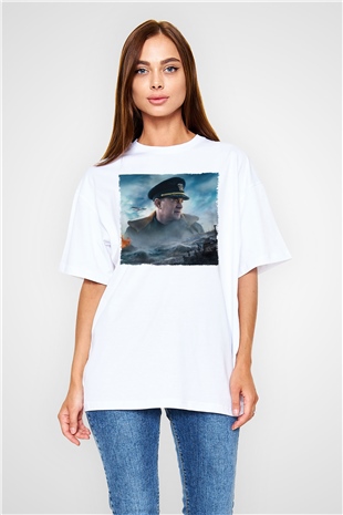 Unisex Greyhound Baskılı Beyaz Oversize T-shirt
