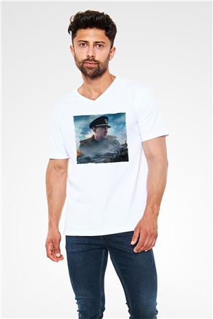 Unisex Greyhound Baskılı Beyaz V Yaka T-shirt