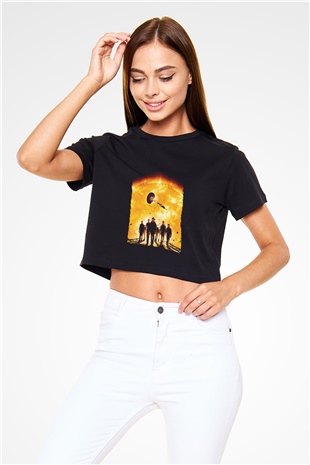 Unisex Gün Işığı (Sunshine) Baskılı Siyah Crop Top T-shirt