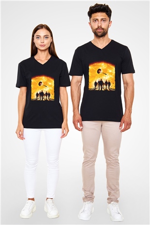 Unisex Gün Işığı (Sunshine) Baskılı Siyah V Yaka T-shirt