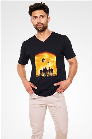 Unisex Gün Işığı (Sunshine) Baskılı Siyah V Yaka T-shirt