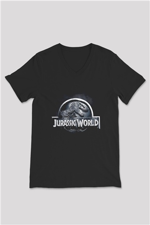 Unisex Hâkimiyet (Jurassic World Dominion) Baskılı Siyah V Yaka Tişört