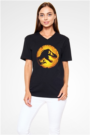 Unisex Hâkimiyet (Jurassic World Dominion) Baskılı Siyah V Yaka Tshirt