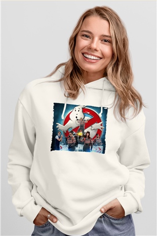 Unisex Hayalet Avcıları (Ghostbusters) Baskılı Beyaz Kapüşonlu Sweatshirt