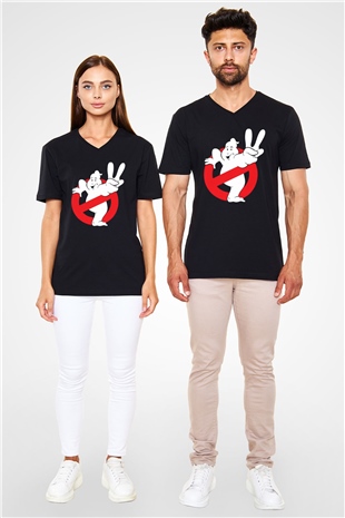 Unisex Hayalet Avcıları (Ghostbusters) Baskılı Siyah V Yaka Tshirt