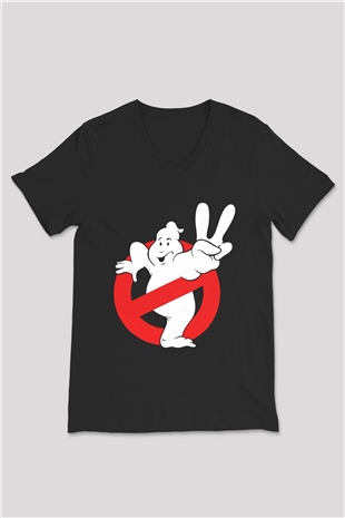 Unisex Hayalet Avcıları (Ghostbusters) Baskılı Siyah V Yaka Tshirt