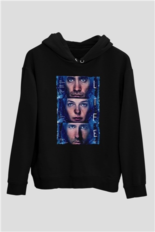 Unisex Hayat (Life) Baskılı Siyah Kapüşonlu Sweatshirt