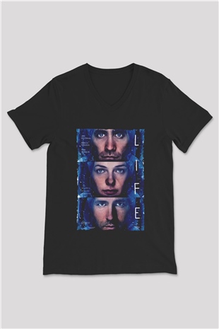 Unisex Hayat (Life) Baskılı Siyah V Yaka Tişört