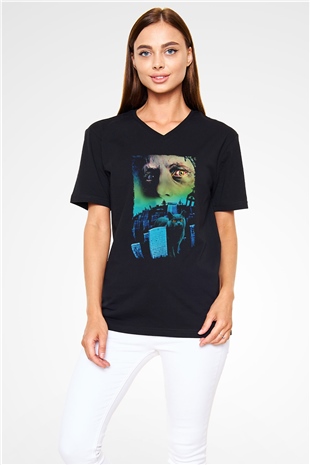 Unisex Hayvan Mezarlığı (Pet Sematary) Baskılı Siyah V Yaka Tişört