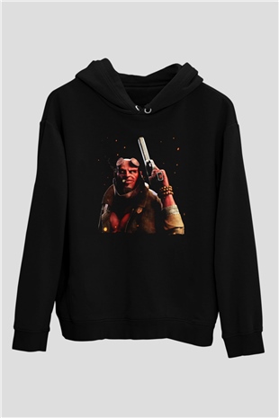 Unisex Hellboy Baskılı Siyah Kapüşonlu Sweatshirt