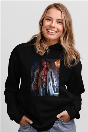 Unisex Hellboy Baskılı Siyah Kapüşonlu Sweatshirt