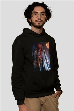 Unisex Hellboy Baskılı Siyah Kapüşonlu Sweatshirt