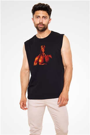 Unisex Hellboy Baskılı Siyah Kolsuz T-shirt