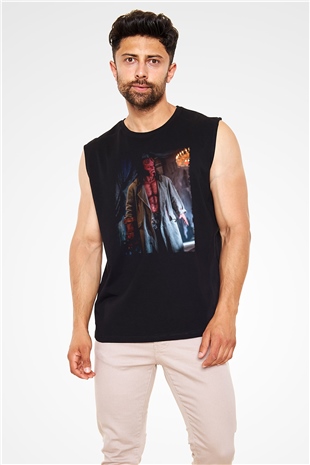 Unisex Hellboy Baskılı Siyah Kolsuz Tişört