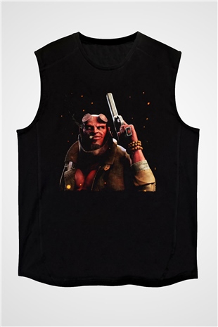 Unisex Hellboy Baskılı Siyah Kolsuz Tshirt