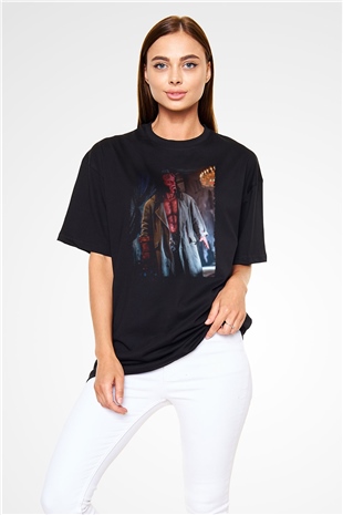 Unisex Hellboy Baskılı Siyah Oversize Tişört