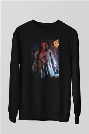 Unisex Hellboy Baskılı Siyah Sweatshirt