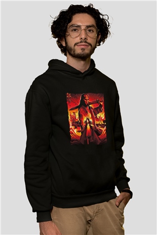 Unisex Hellboy Baskılı Siyah Unisex Kapüşonlu Sweatshirt