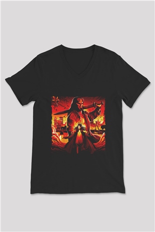 Unisex Hellboy Baskılı Siyah Unisex V Yaka T-shirt