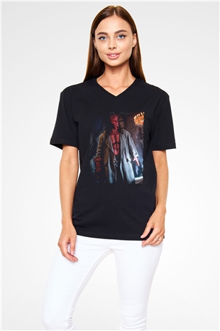 Unisex Hellboy Baskılı Siyah V Yaka Tişört