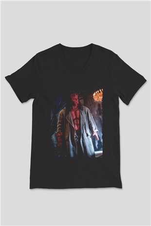 Unisex Hellboy Baskılı Siyah V Yaka Tişört