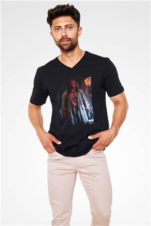 Unisex Hellboy Baskılı Siyah V Yaka Tişört