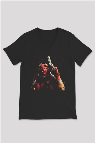 Unisex Hellboy Baskılı Siyah V Yaka Tshirt