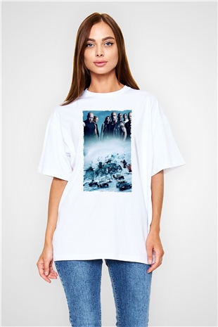 Unisex Hızlı ve Öfkeli 8 (The Fate of the Furious) Baskılı Beyaz Oversize Oversize T-shirt