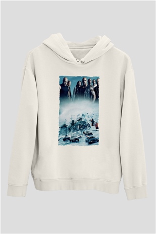 Unisex Hızlı ve Öfkeli 8 (The Fate of the Furious) Baskılı Beyaz Kapüşonlu Sweatshirt
