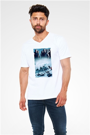 Unisex Hızlı ve Öfkeli 8 (The Fate of the Furious) Baskılı Beyaz V Yaka Tshirt