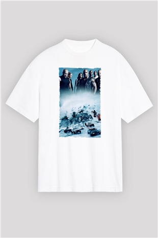 Unisex Hızlı ve Öfkeli 8 (The Fate of the Furious) Baskılı Beyaz Oversize Oversize T-shirt