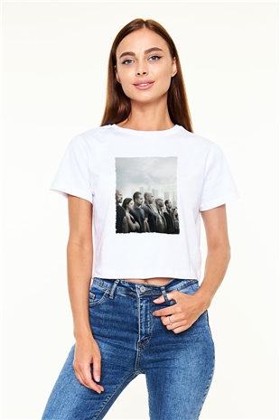 Unisex Hızlı ve Öfkeli Baskılı Beyaz Crop Top T-shirt