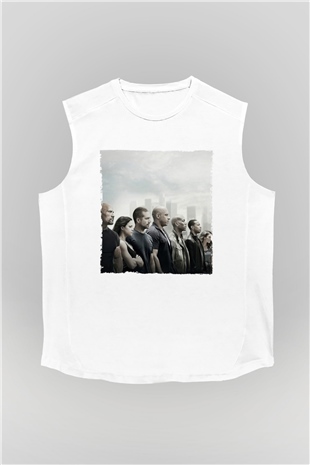 Unisex Hızlı ve Öfkeli Baskılı Beyaz Kolsuz T-shirt