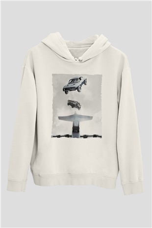 Unisex Hızlı ve Öfkeli Baskılı Beyaz Kapüşonlu Sweatshirt