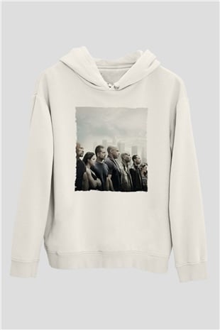 Unisex Hızlı ve Öfkeli Baskılı Beyaz Kapüşonlu Sweatshirt