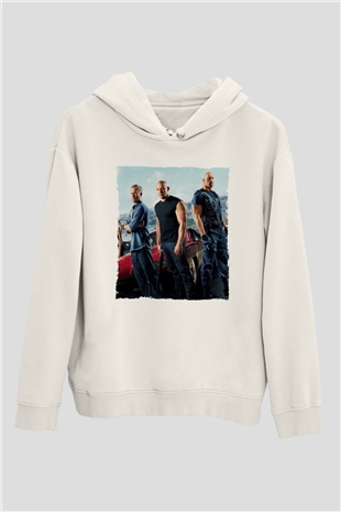 Unisex Hızlı ve Öfkeli Baskılı Beyaz Kapüşonlu Sweatshirt
