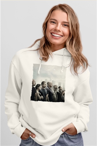 Unisex Hızlı ve Öfkeli Baskılı Beyaz Kapüşonlu Sweatshirt