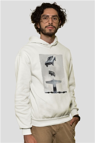 Unisex Hızlı ve Öfkeli Baskılı Beyaz Kapüşonlu Sweatshirt