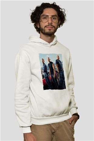 Unisex Hızlı ve Öfkeli Baskılı Beyaz Kapüşonlu Sweatshirt