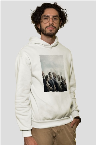 Unisex Hızlı ve Öfkeli Baskılı Beyaz Kapüşonlu Sweatshirt
