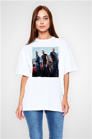 Unisex Hızlı ve Öfkeli Baskılı Beyaz Oversize Tişört