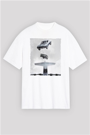 Unisex Hızlı ve Öfkeli Baskılı Beyaz Oversize Oversize T-shirt