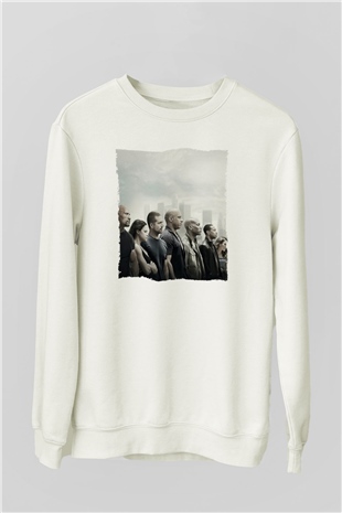 Unisex Hızlı ve Öfkeli Baskılı Beyaz Sweatshirt