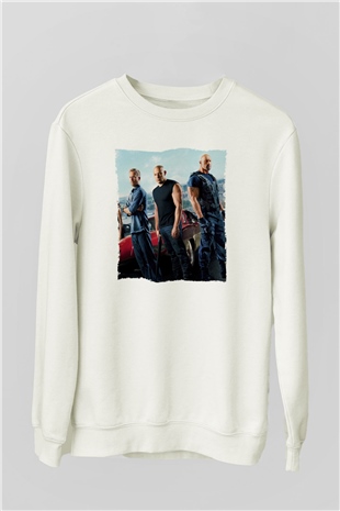 Unisex Hızlı ve Öfkeli Baskılı Beyaz Sweatshirt