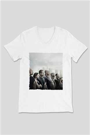 Unisex Hızlı ve Öfkeli Baskılı Beyaz V Yaka T-shirt